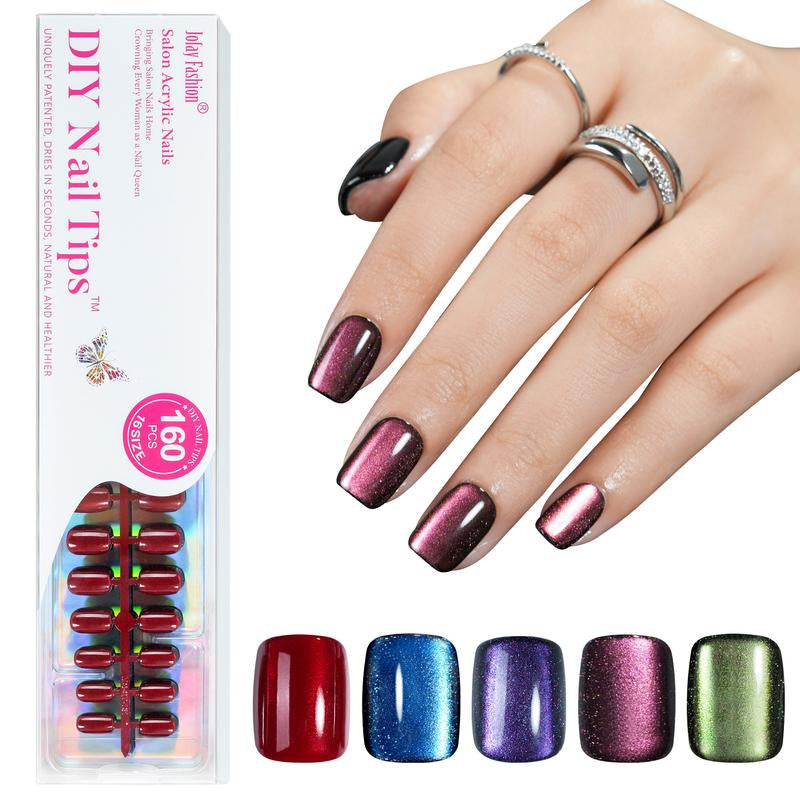 Jofay Fashion Cat Eye Press on Nails Short 5 Styles, 160Pcs Salon-Like Fake Nails with Glitter Chasing Light Cat Eye Designs, Artificial Acrylic Nails Glue on Nails Stick on Nails for Women