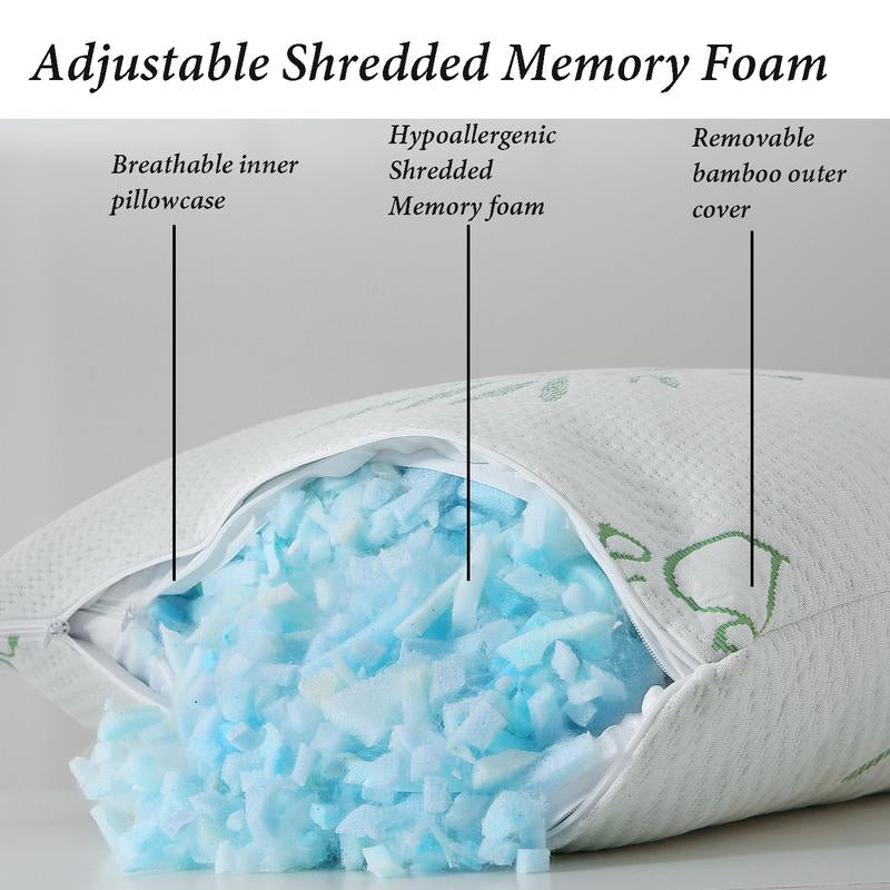 Memory Foam Pillows Set of 2, Bamboo Bed Pillow for Sleeping, Firm Hotel Quality Bed Rest Pillow with Cooling Zippered Breathable Cover 2 Pack Adjustable Pillow Comfortable