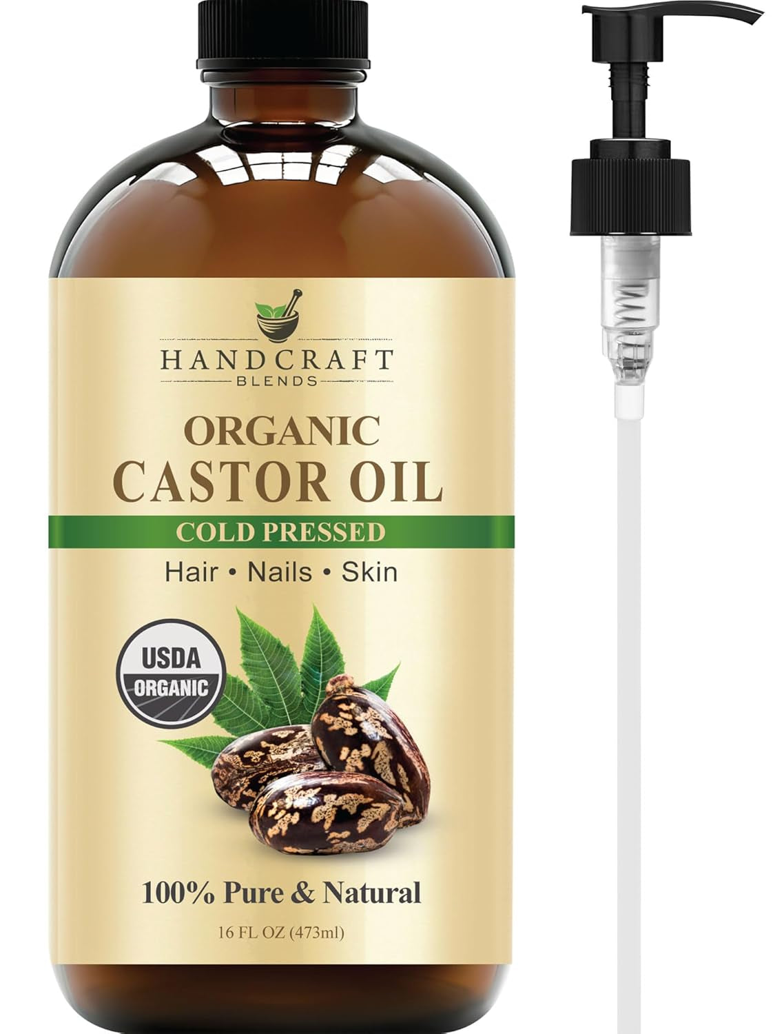 Handcraft Blends Cold-Pressed Organic Castor Oil in Glass Bottle - 16 Fl Oz - 100% Pure and Natural - Premium Grade Carrier Oil for Hair Growth, Eyelashes and Eyebrows - Hair and Body