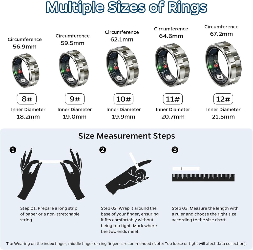 Smart Health Tracking Ring with Sleep Monitoring, Heart Rate Detection, Waterproof Design, Activity Tracking, Air Gesture Control, Up to 7-Day Battery Life, Compatible with iOS and Android (Stylish Silver #8)